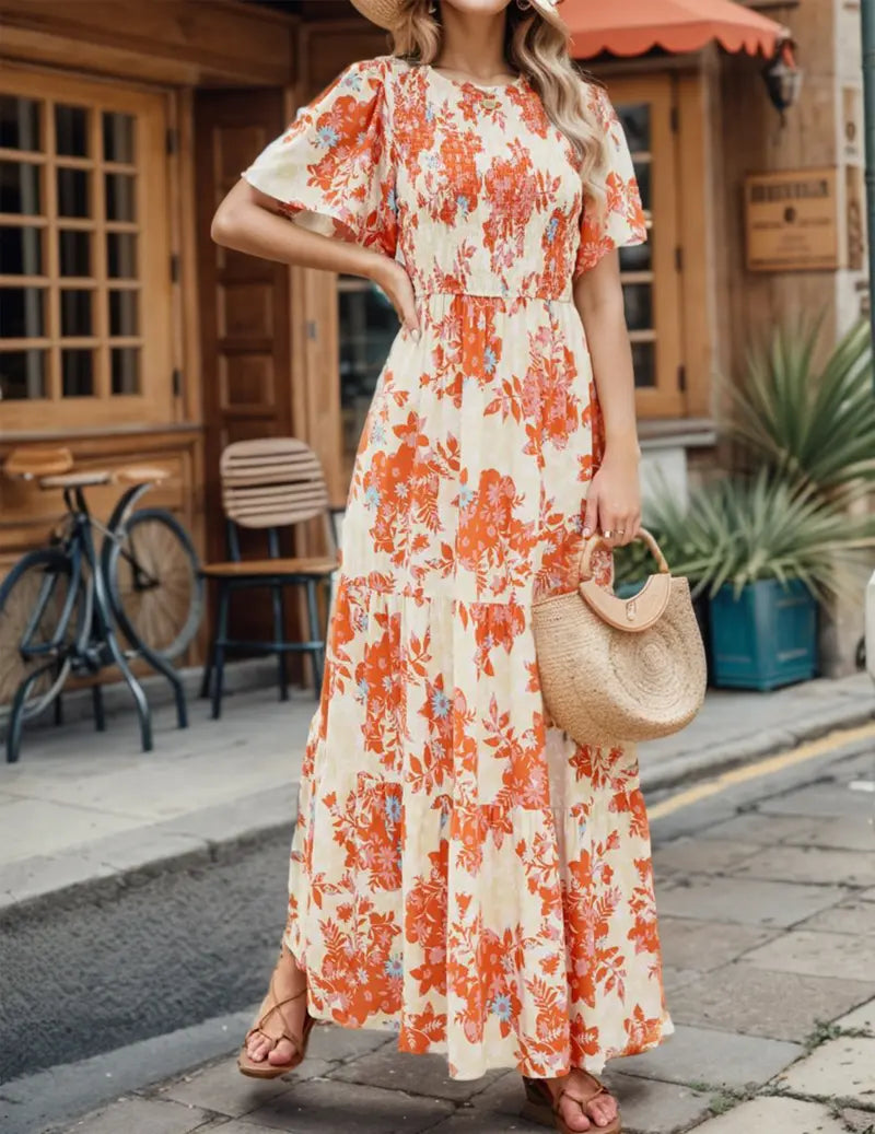 Women's 2026 Summer Casual Floral Print Short Flutter Sleeve Crew Neck Smocked High Waist Flowy Maxi