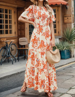 Women's 2026 Summer Casual Floral Print Short Flutter Sleeve Crew Neck Smocked High Waist Flowy Maxi