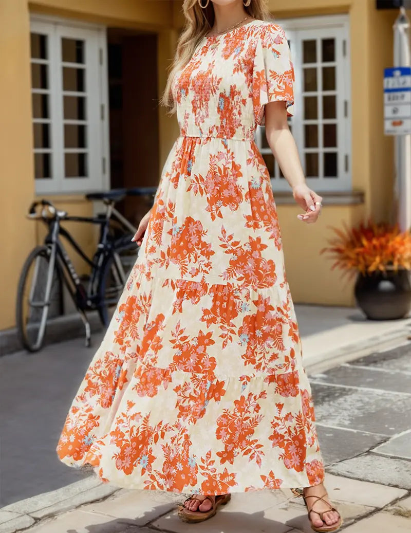 Women's 2026 Summer Casual Floral Print Short Flutter Sleeve Crew Neck Smocked High Waist Flowy Maxi