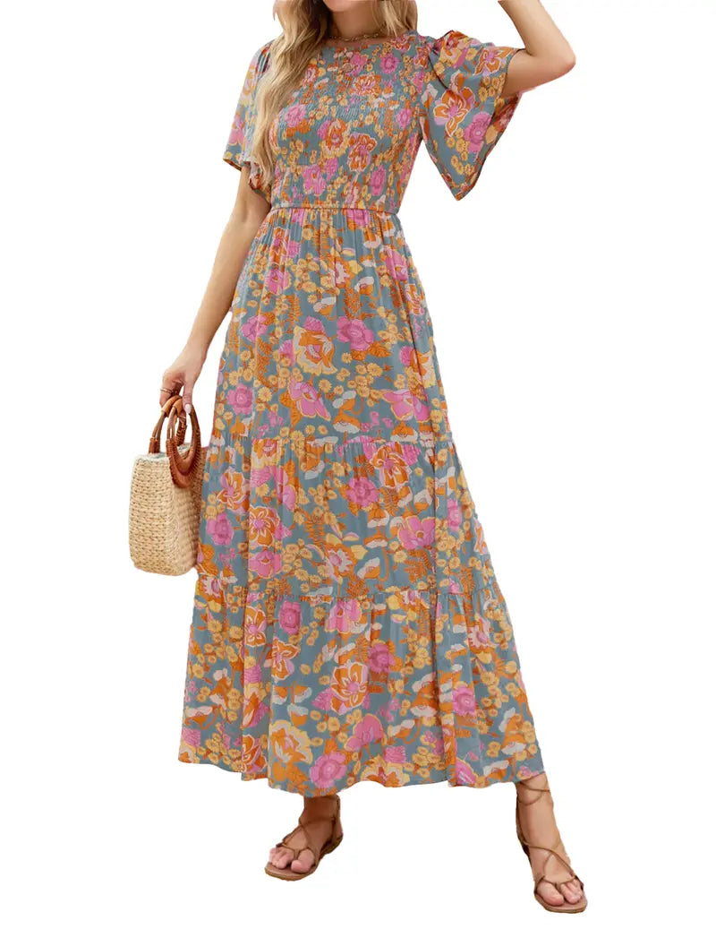 Women's 2026 Summer Casual Floral Print Short Flutter Sleeve Crew Neck Smocked High Waist Flowy Maxi