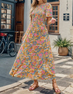Women's 2026 Summer Casual Floral Print Short Flutter Sleeve Crew Neck Smocked High Waist Flowy Maxi