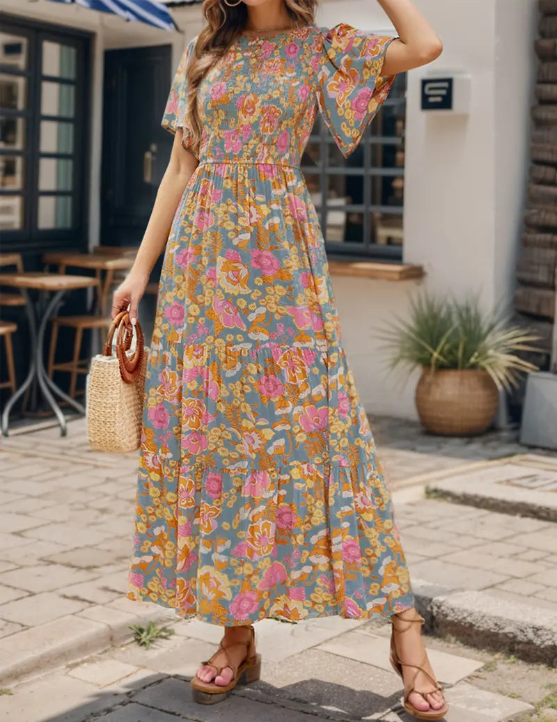 Women's 2026 Summer Casual Floral Print Short Flutter Sleeve Crew Neck Smocked High Waist Flowy Maxi