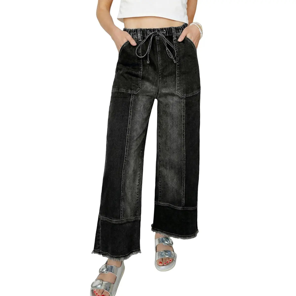 Women’s High-Waist Drawstring Wide-Leg Denim Jeans with Pockets