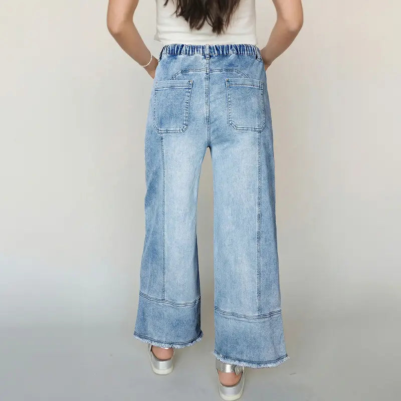 Women’s High-Waist Drawstring Wide-Leg Denim Jeans with Pockets