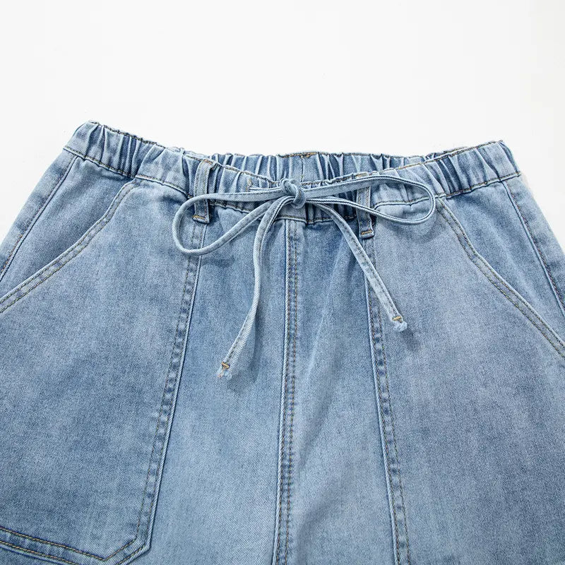 Women’s High-Waist Drawstring Wide-Leg Denim Jeans with Pockets