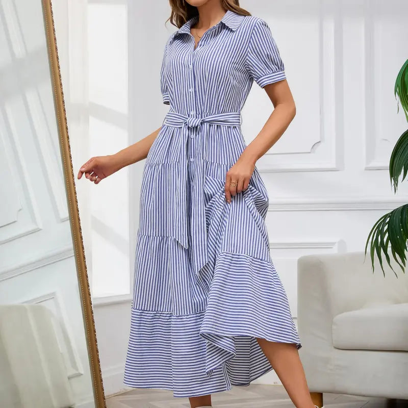 Women’s Button-Down Striped Maxi Dress with Belt