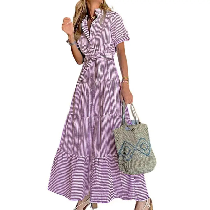 Women’s Button-Down Striped Maxi Dress with Belt