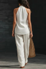 Women's Linen Solid Color Halter Top & Wide Leg Pants Set