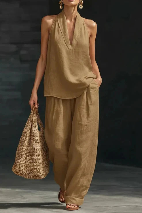Women's Linen Solid Color Halter Top & Wide Leg Pants Set