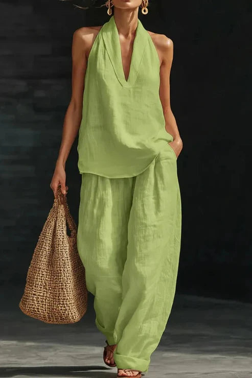 Women's Linen Solid Color Halter Top & Wide Leg Pants Set