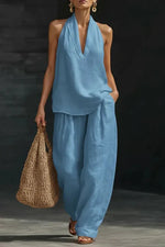Women's Linen Solid Color Halter Top & Wide Leg Pants Set