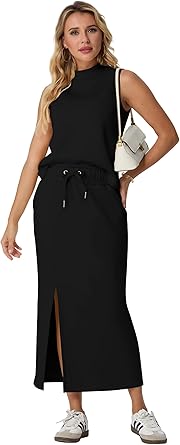 Two Piece Sets Mock-Neck Top & Elastic Waist Midi Skirt with Pockets