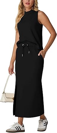Two Piece Sets Mock-Neck Top & Elastic Waist Midi Skirt with Pockets