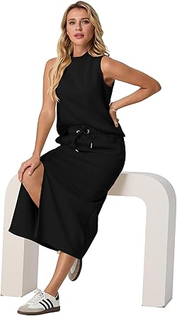 Two Piece Sets Mock-Neck Top & Elastic Waist Midi Skirt with Pockets