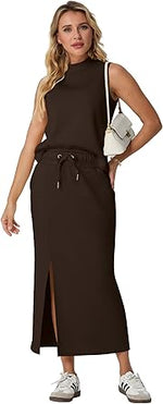 Two Piece Sets Mock-Neck Top & Elastic Waist Midi Skirt with Pockets