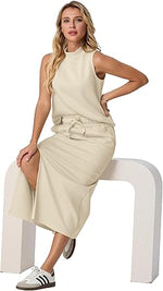 Two Piece Sets Mock-Neck Top & Elastic Waist Midi Skirt with Pockets