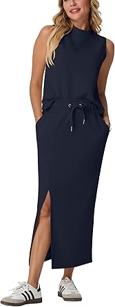 Two Piece Sets Mock-Neck Top & Elastic Waist Midi Skirt with Pockets