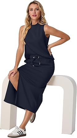 Two Piece Sets Mock-Neck Top & Elastic Waist Midi Skirt with Pockets