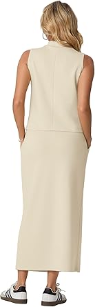 Two Piece Sets Mock-Neck Top & Elastic Waist Midi Skirt with Pockets