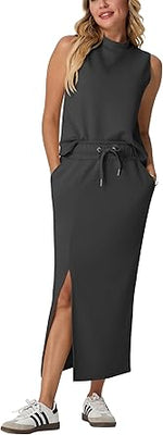 Two Piece Sets Mock-Neck Top & Elastic Waist Midi Skirt with Pockets