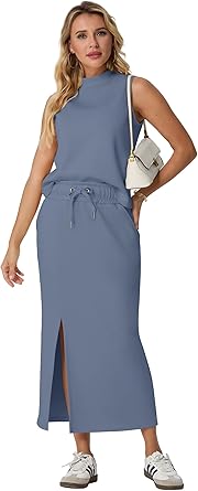 Two Piece Sets Mock-Neck Top & Elastic Waist Midi Skirt with Pockets