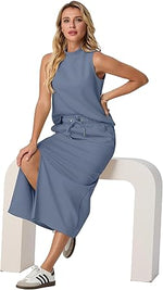 Two Piece Sets Mock-Neck Top & Elastic Waist Midi Skirt with Pockets