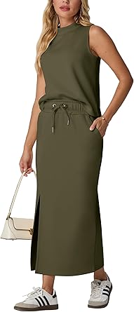 Two Piece Sets Mock-Neck Top & Elastic Waist Midi Skirt with Pockets