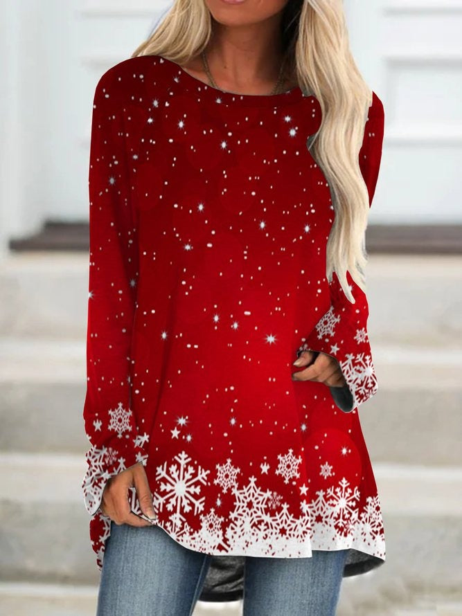 Christmas Long Sleeve Crew Neck Printed Tops T-shirt