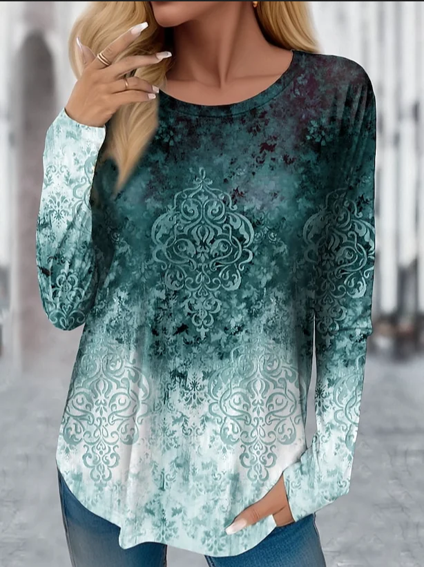 Crew Neck Ethnic Casual Loose T-Shirt