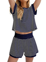 Women's 2 Piece Ribbed Striped Short Sets