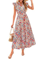 Women's Boho Print V Neck Ruffle Maxi Dress