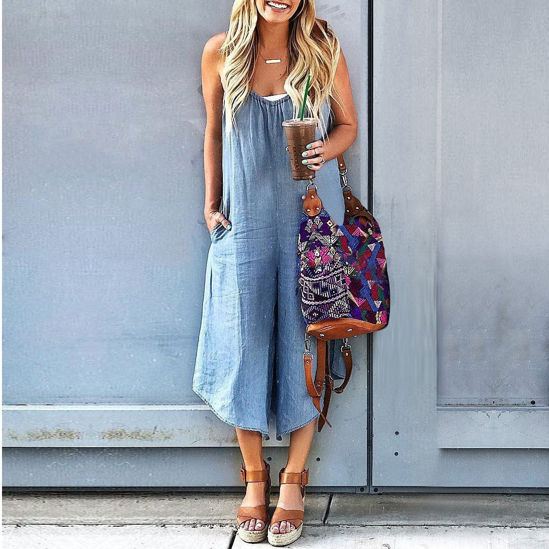 Women's Solid Color with Pockets Casual Wide Leg Jumpsuit
