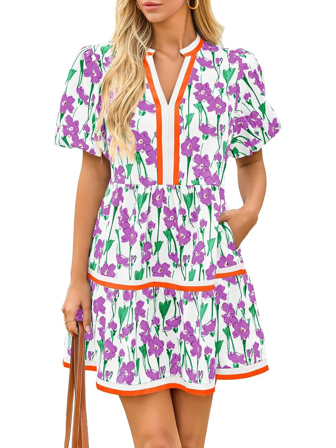 Women's V Neck Floral Dress Short Puff Sleeve Boho Dresses