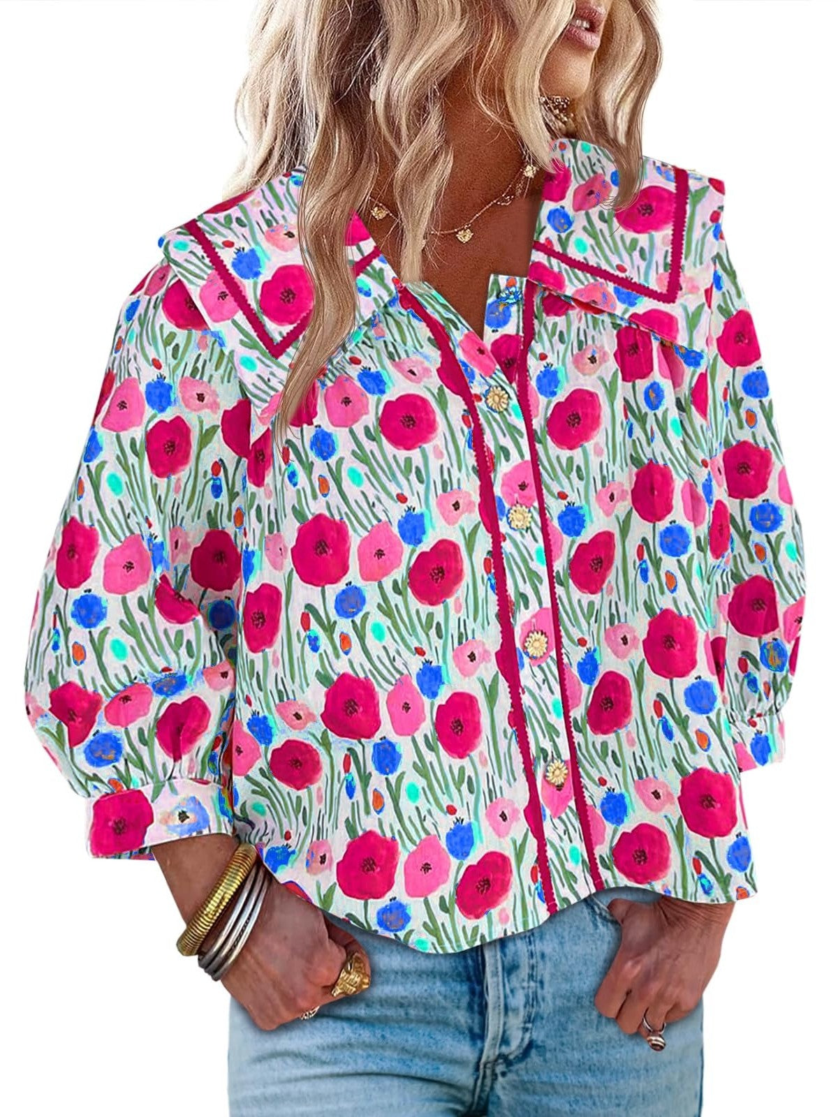 Women's Vibrant Floral Print Collar Blouse