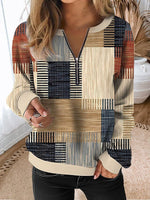 Color Block Casual Zipper V Neck Sweatshirt