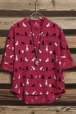 Cute Cat Print High Neck Short Sleeves Single Breasted Shirt