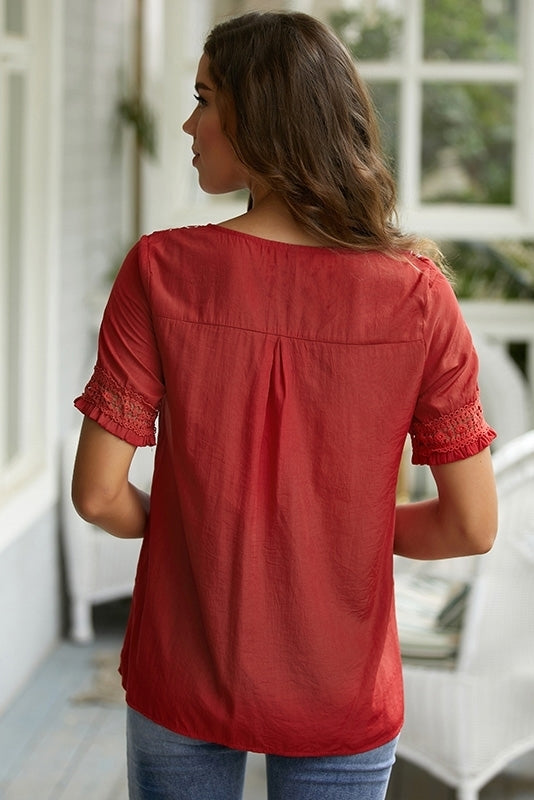 Floral Embroidery V-neck Short Sleeves Shirts & Tops