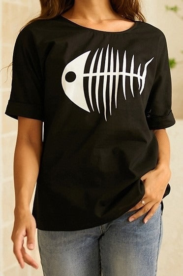 Fish Print O-neck Short Sleeves T-shirt