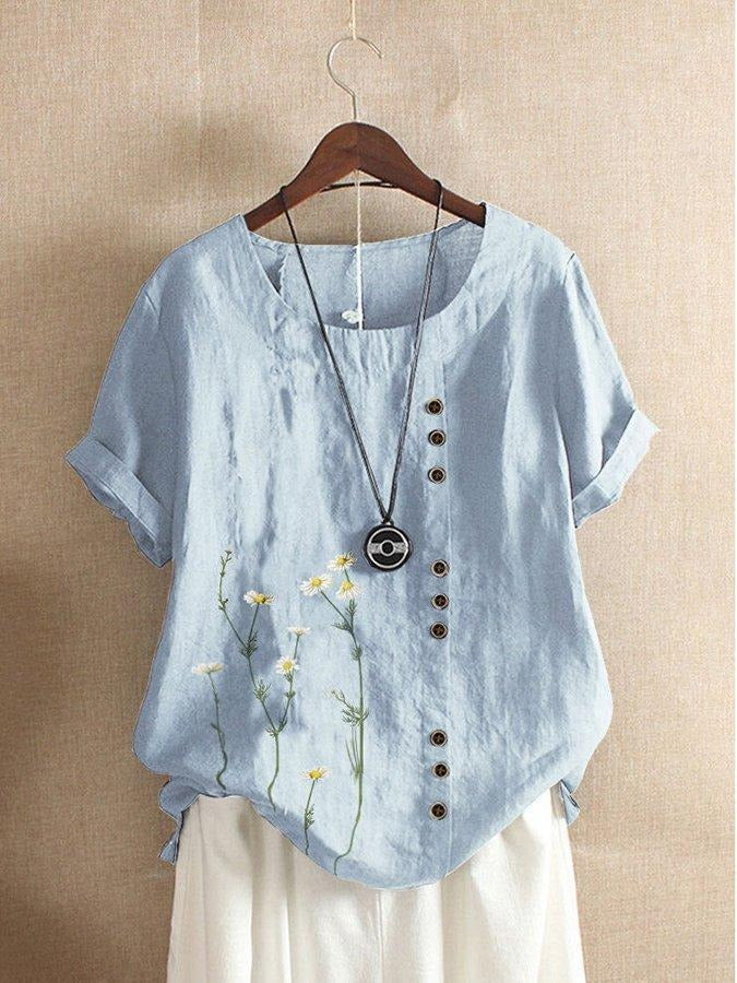 Floral Print Buttons Round Neck Short Sleeves T-shirt