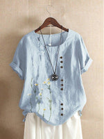 Floral Print Buttons Round Neck Short Sleeves T-shirt