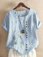 Floral Print Buttons Round Neck Short Sleeves T-shirt