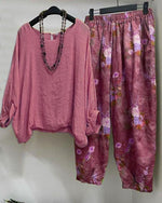 Floral Print Loose 3/4 Sleeves Two Piece Suit
