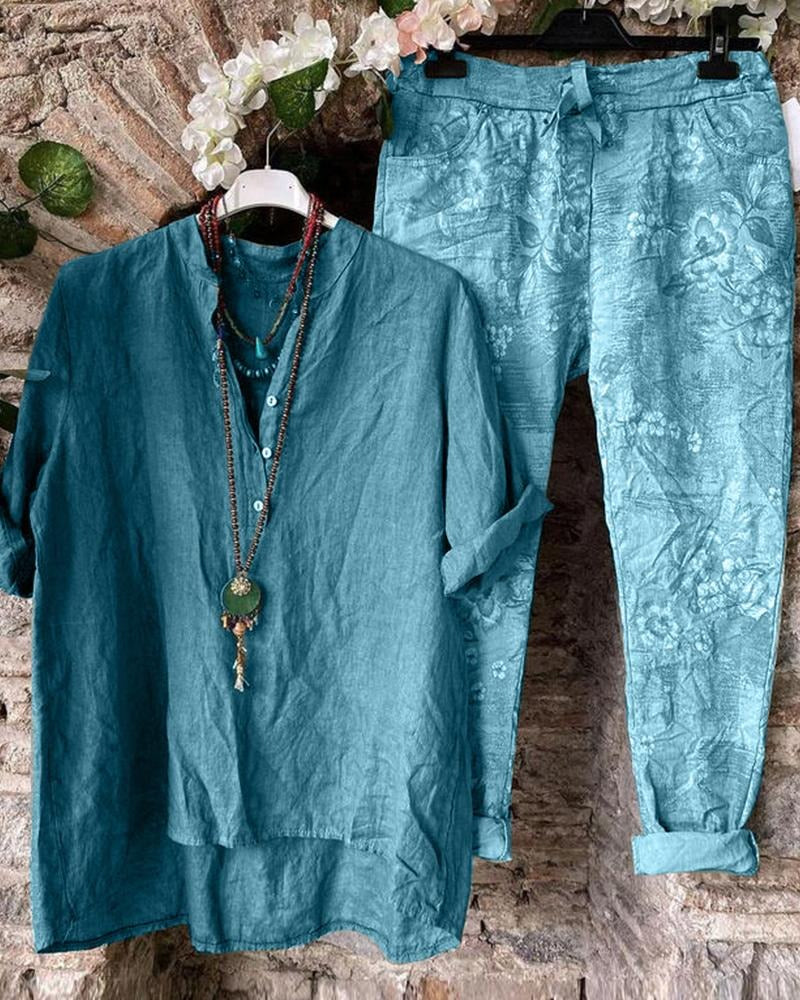 Floral Print Buttons Half Sleeves Two Piece Suit