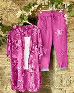 Floral Print Buttons Short Sleeves Two Piece Suit
