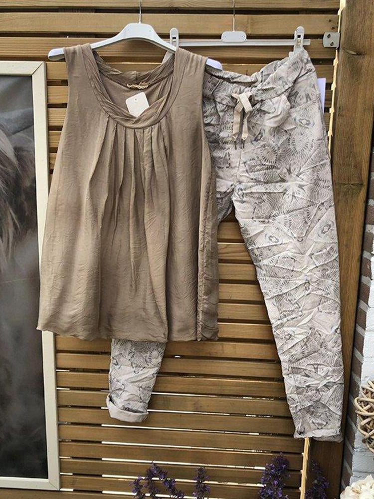 Solid Color Casual Ruched Sleeveless Two Piece Suit