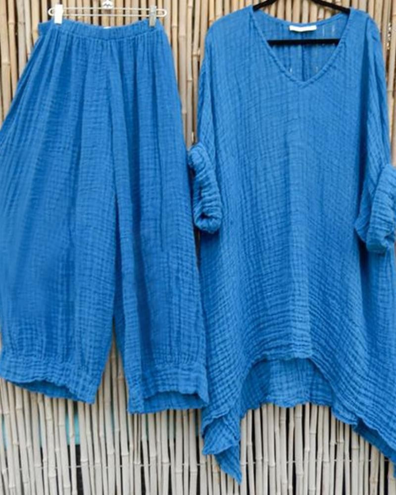 Solid Color Casual V-neck Short Sleeves Two Piece Suit