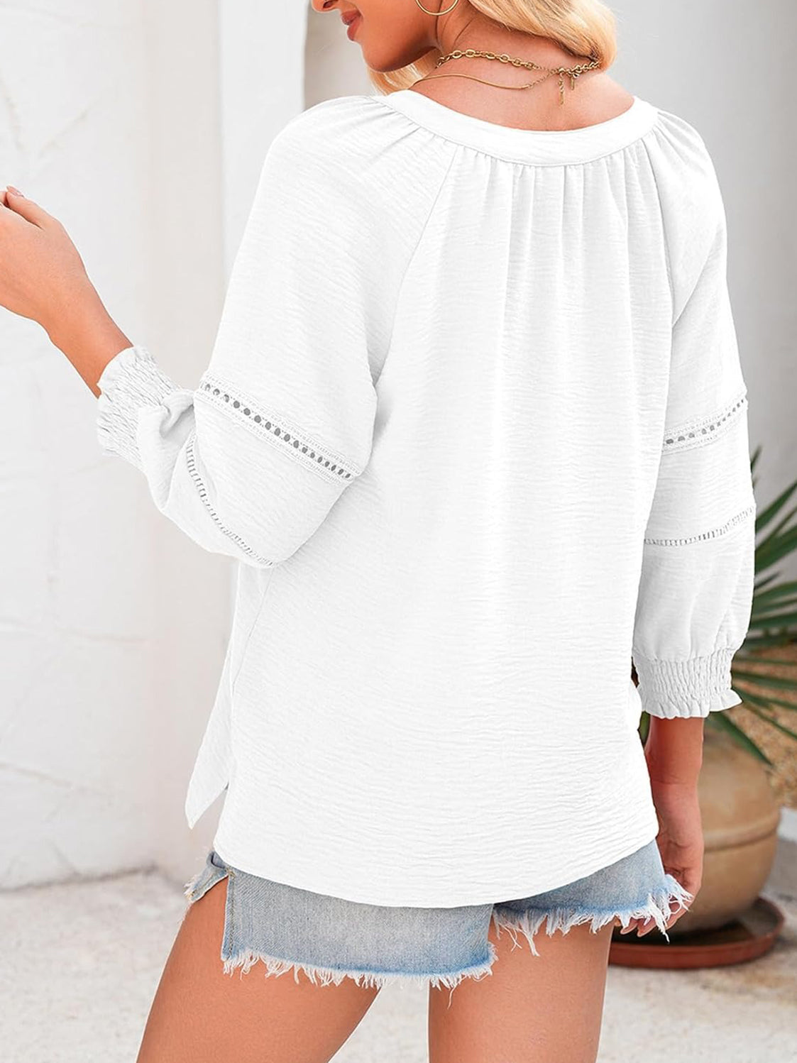 Women's 3/4 Sleeve V Neck Pleated Business Tops