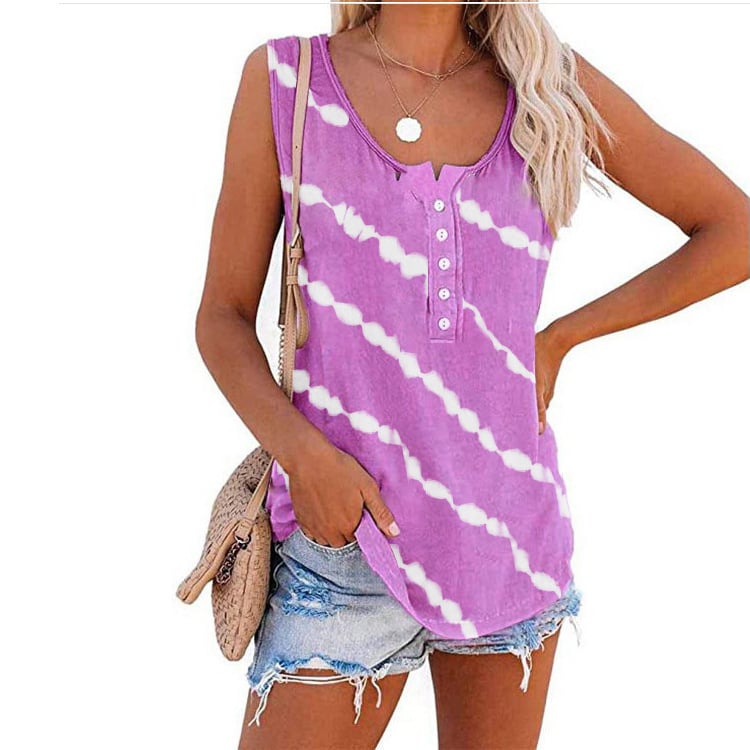 Summer Casual Stripes Buttons Sleeveless Tank Top