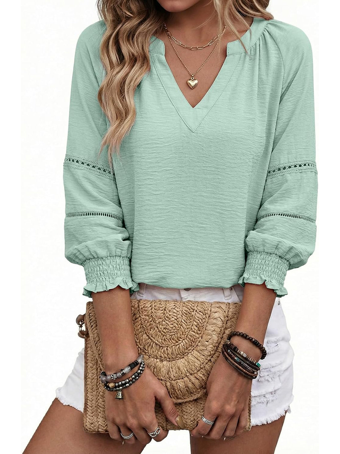 Women's 3/4 Sleeve V Neck Pleated Business Tops