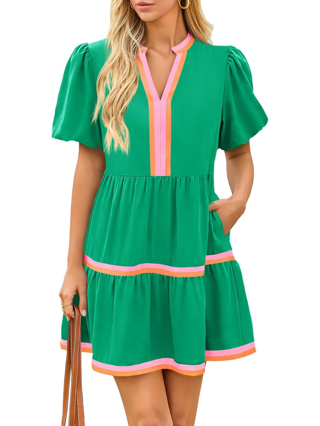 Women's V Neck Floral Dress Short Puff Sleeve Boho Dresses